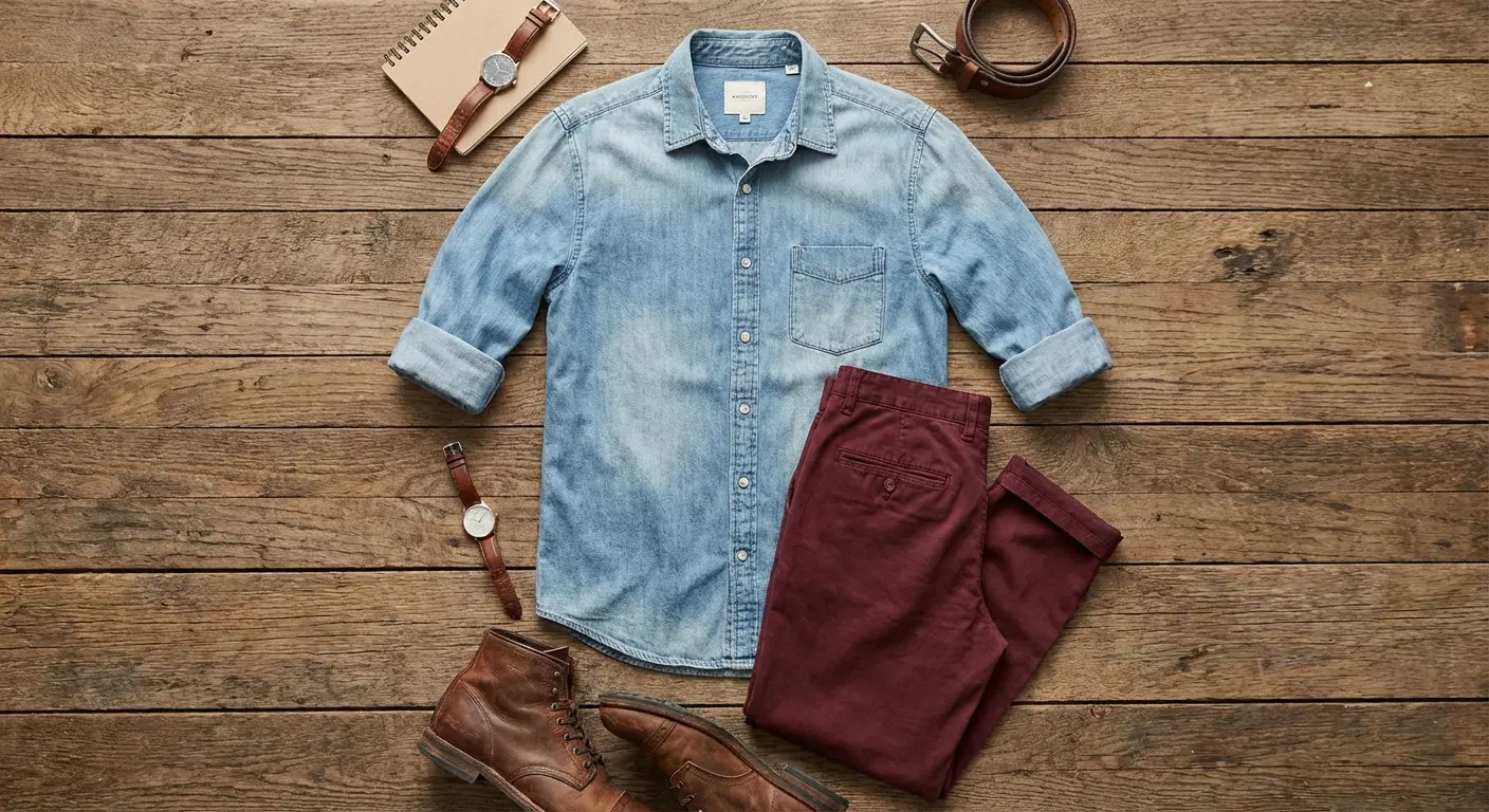 Man wearing chambray shirt with burgundy pants