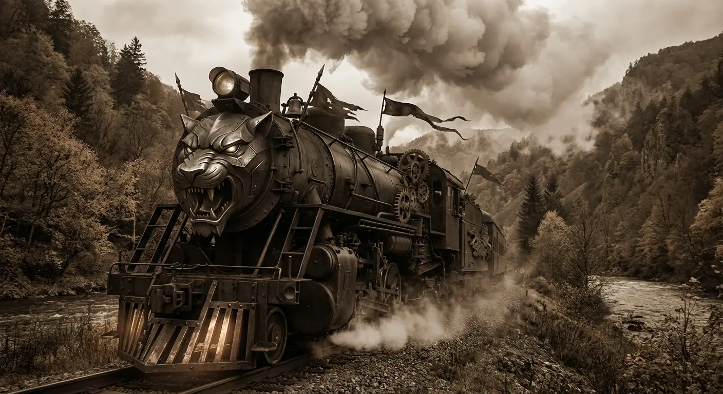 A steam train personified as a powerful creature lapping up the miles