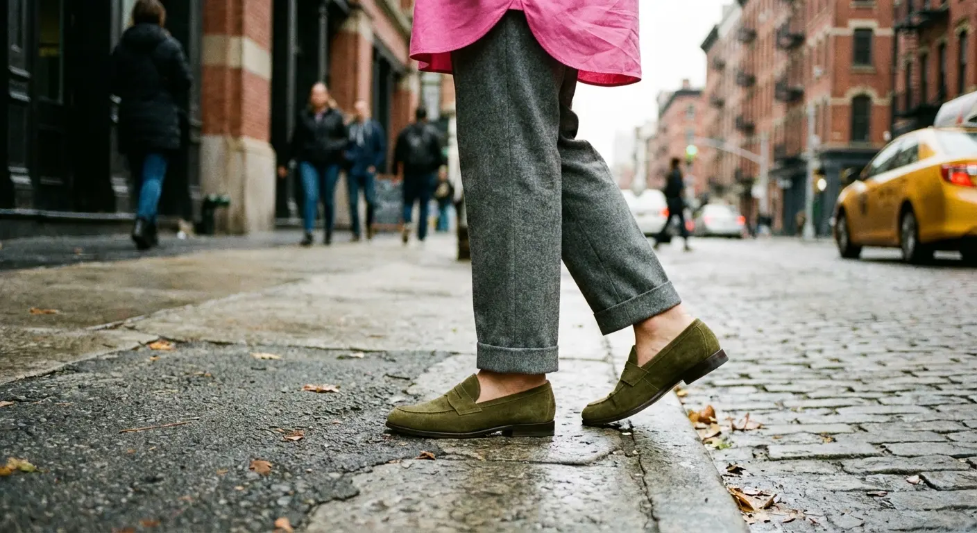 Olive Green shoes paired with a pink shirt