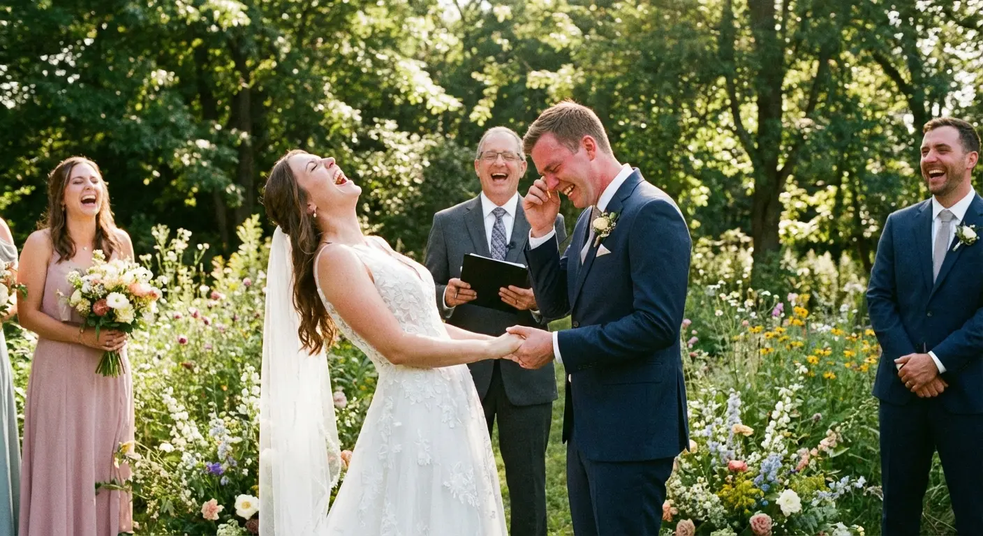Bride and groom laughing during ceremony