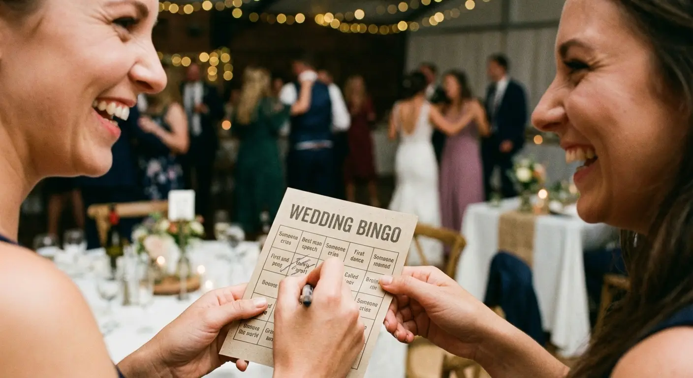 Wedding guests mingling and playing bingo