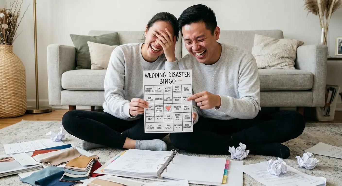 Couple laughing while looking at a planner