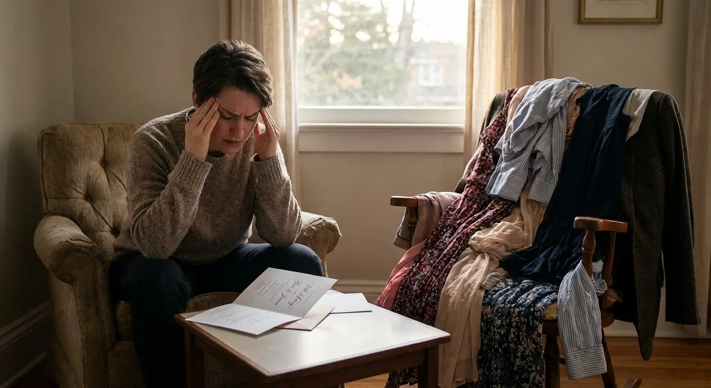 Stressed groom looking at suit options