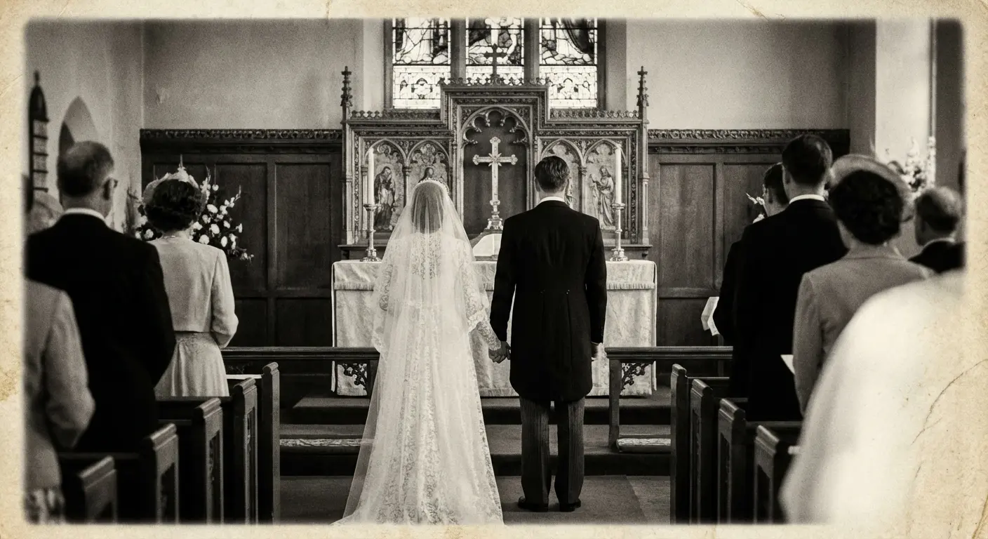 Classic church altar setting for traditional liturgical wedding vows