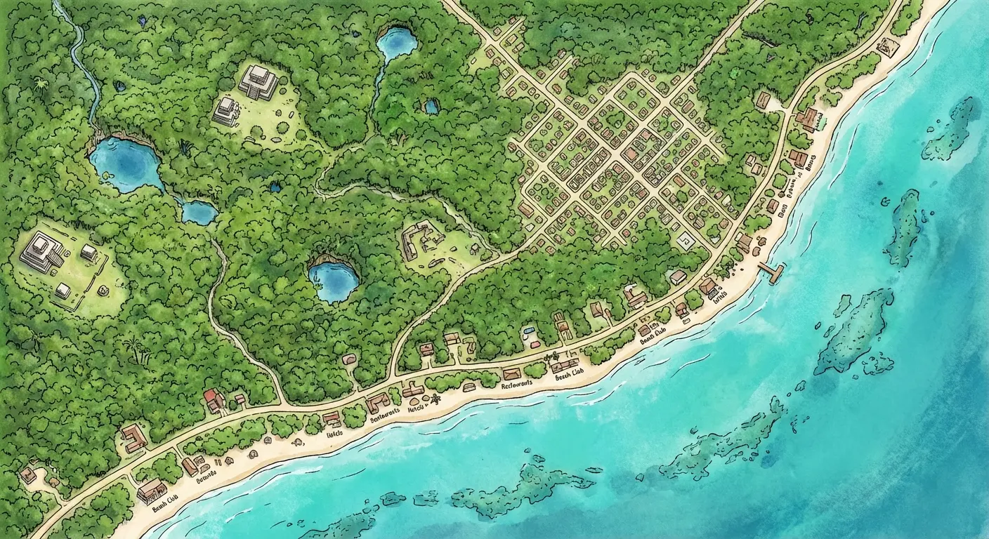 Map of Tulum zones for bachelor party planning