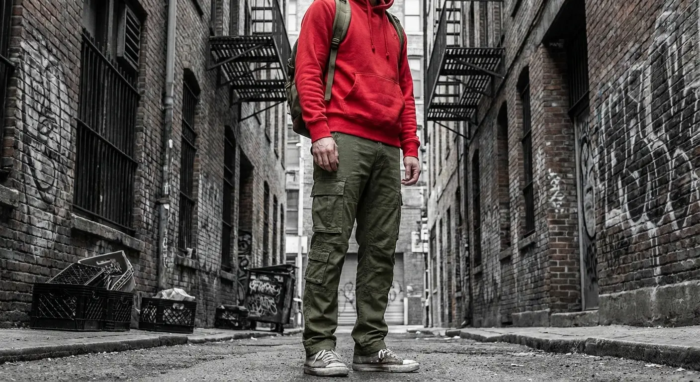 Olive green cargo pants paired with a red shirt for a rugged look