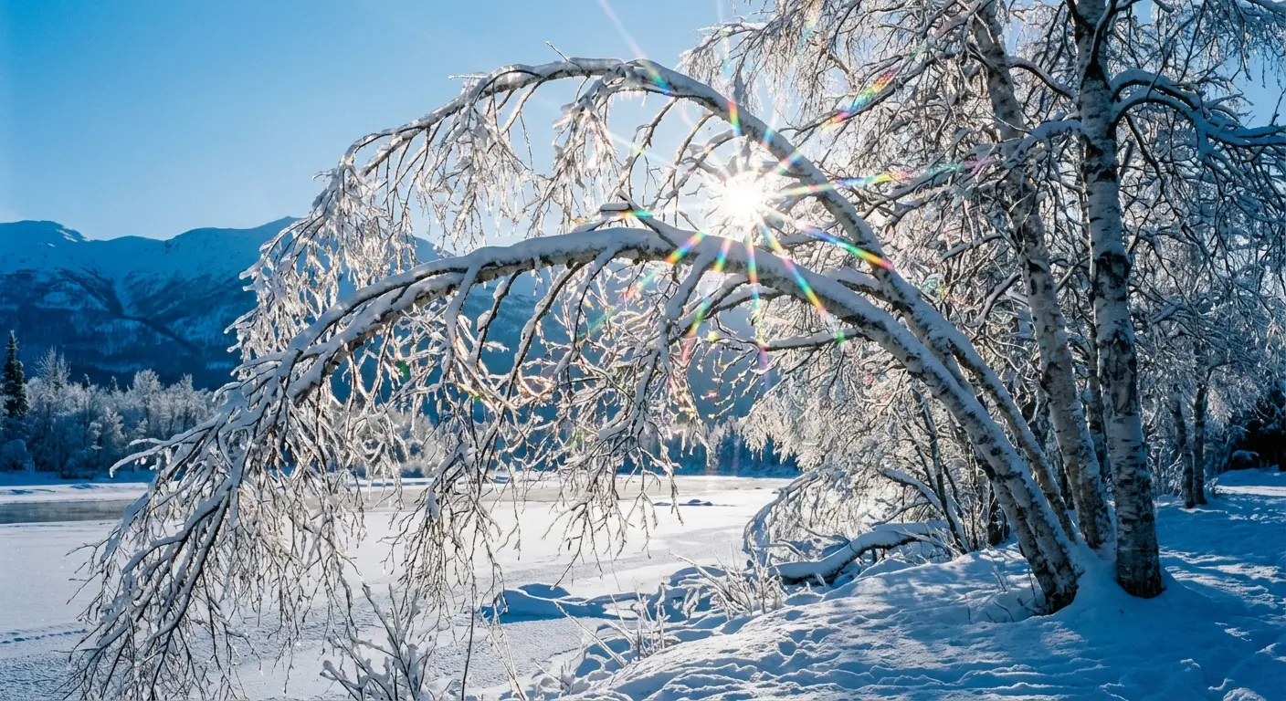 Birch trees bending in the winter ice
