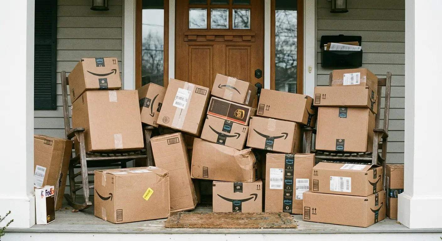 Amazon packages piled up on a porch