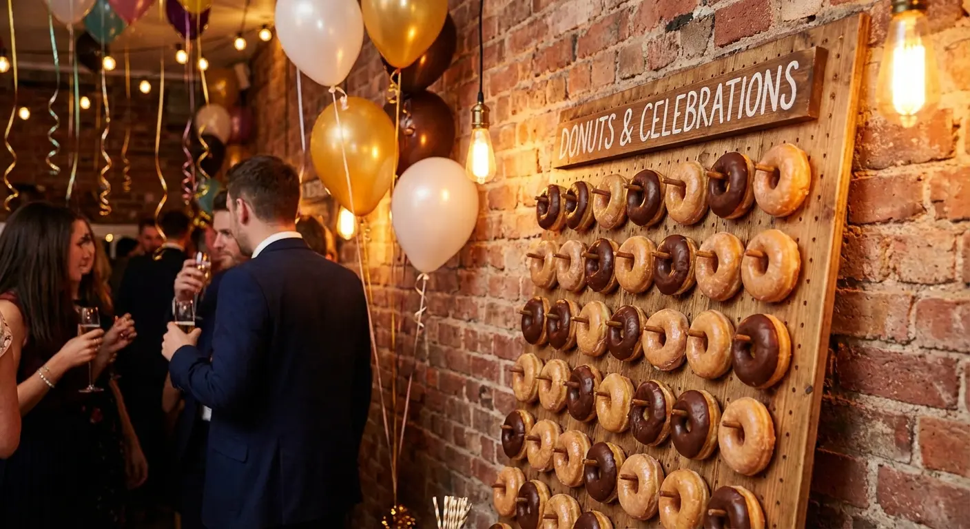 Vertical donut wall on pegboard for bachelor party