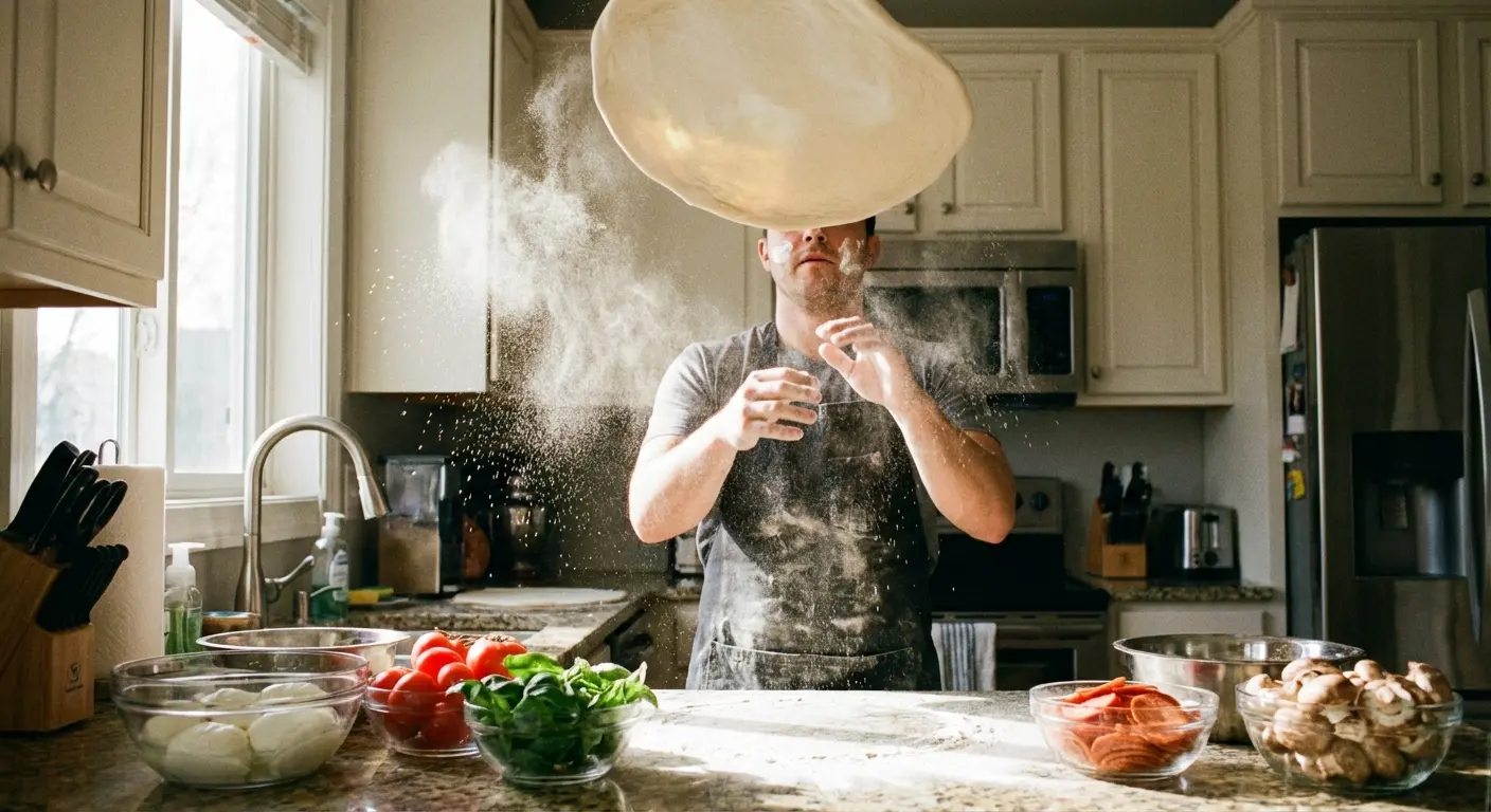 Friends laughing while tossing raw pizza dough