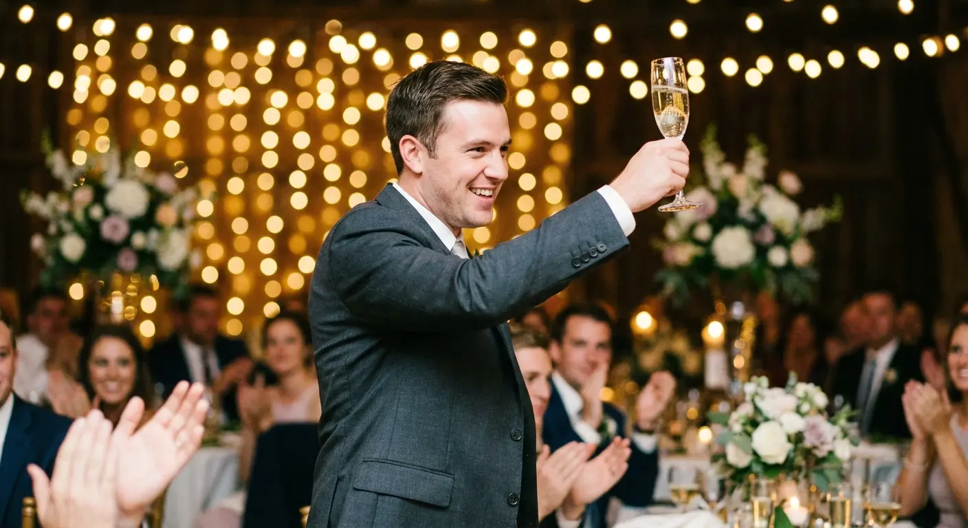 Best man giving a speech using wedding toast puns