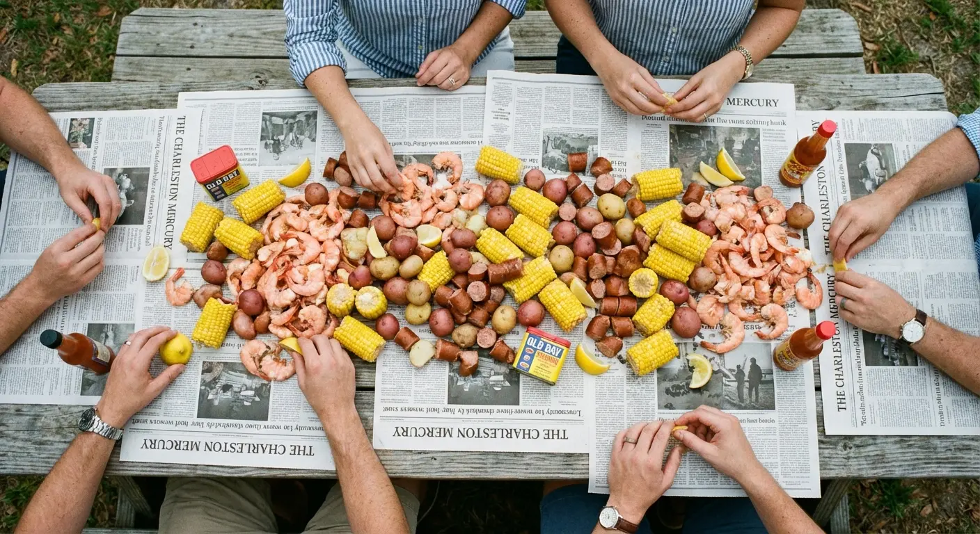 Traditional Lowcountry boil spread on a table with shrimp and corn