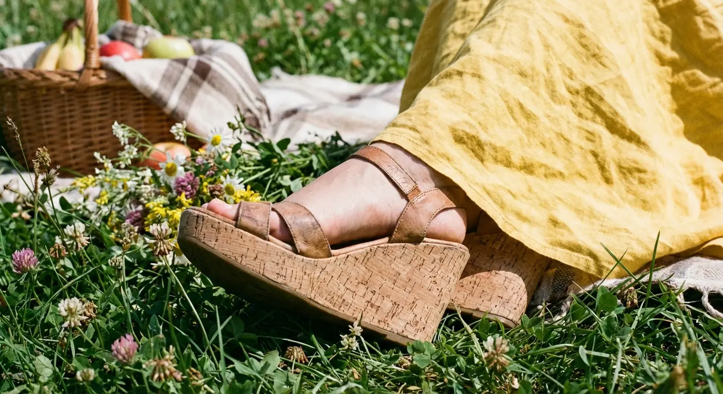 Cork wedges paired with a casual yellow dress for a daytime event