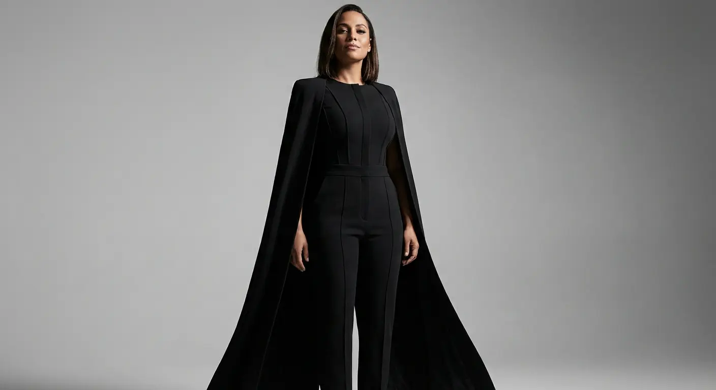 Woman wearing a cape-effect jumpsuit