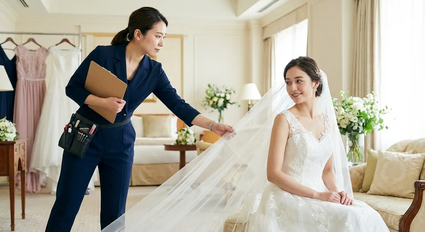 Professional bridesmaid organizing wedding details