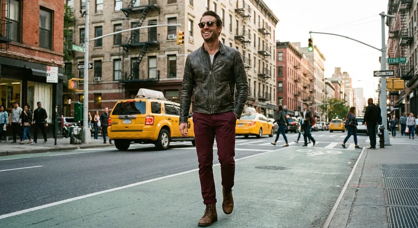 Confident man wearing maroon pants outfit