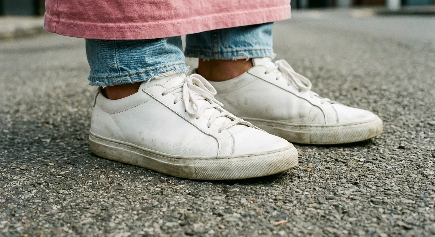 Crisp White minimalist leather sneakers with a pink shirt