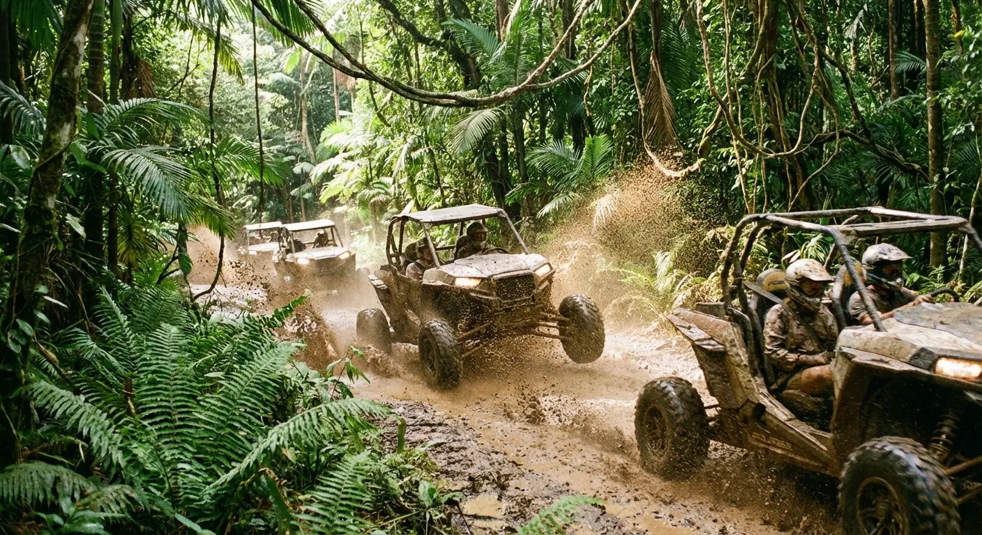 Bachelorette group driving muddy dune buggies in Punta Cana