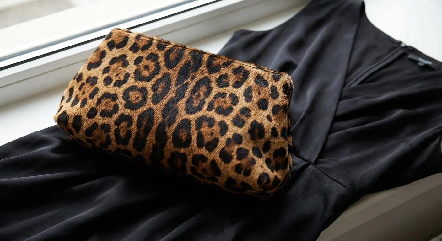 Leopard print clutch bag adding pattern to a black outfit