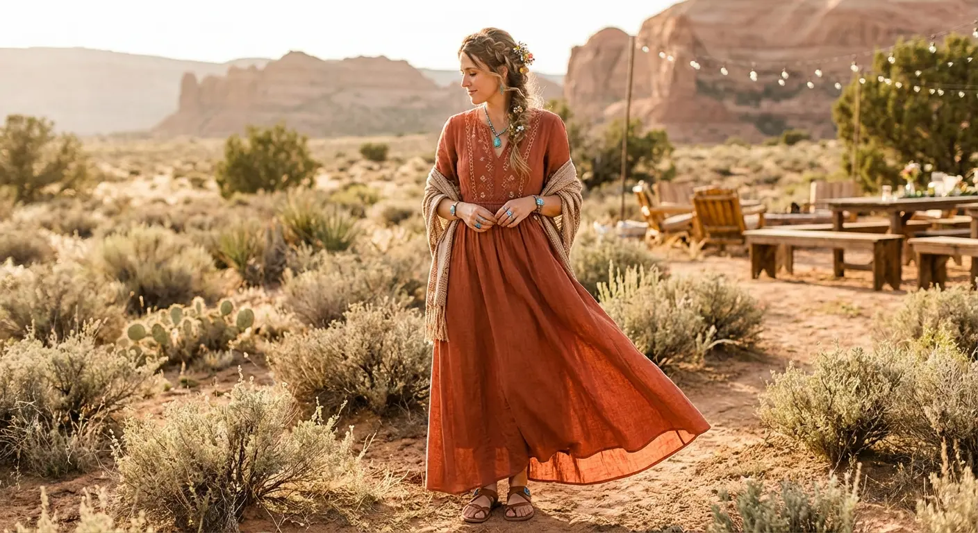 Model in an earthy terracotta wedding guest dress