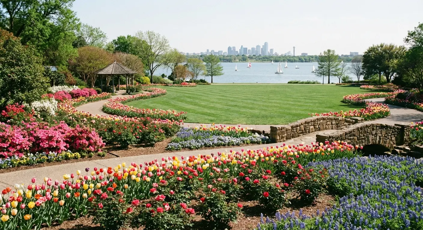 Picnic setup at the Dallas Arboretum with blooming flowers