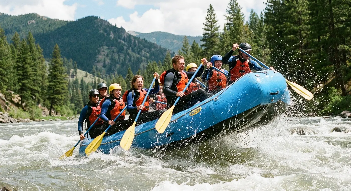 Whitewater rafting group paddling on the Snake River