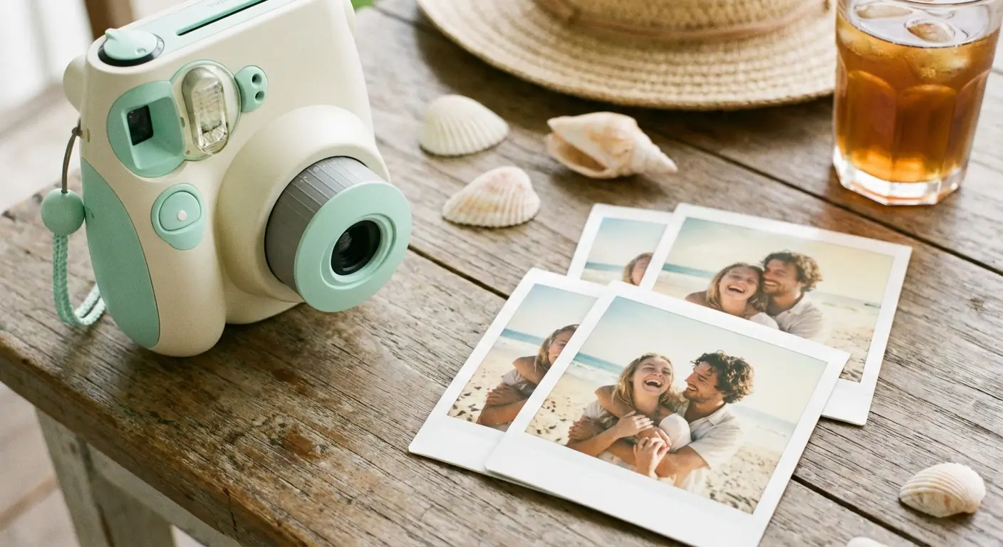 Instant print camera on table