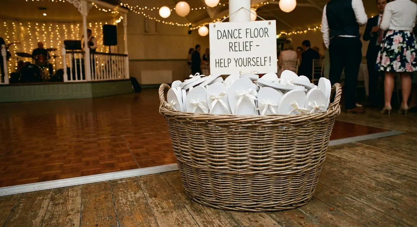 Basket of flip flops with sole mate wedding puns sign