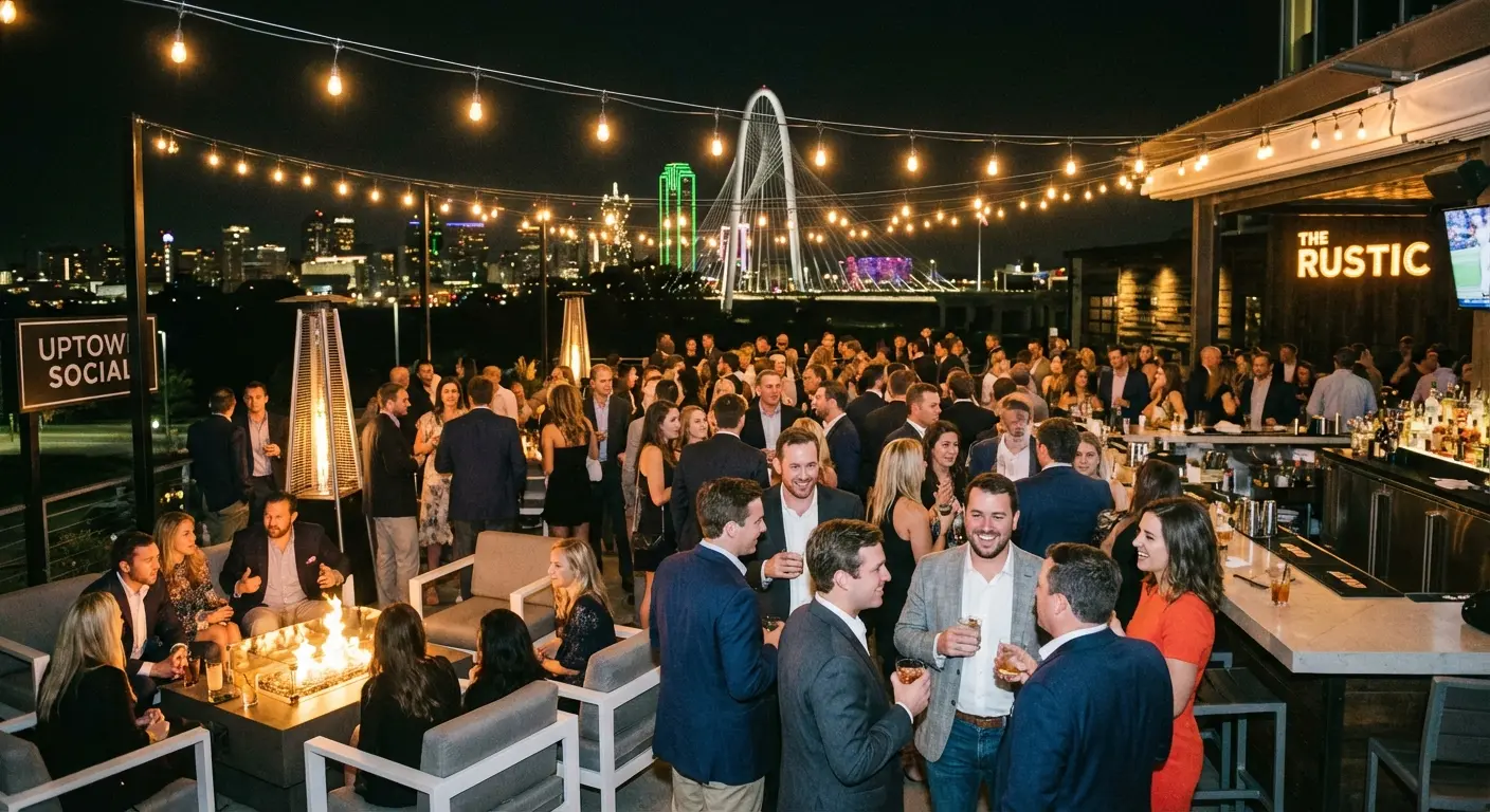 Busy nightlife street scene in Uptown Dallas with patios and bars