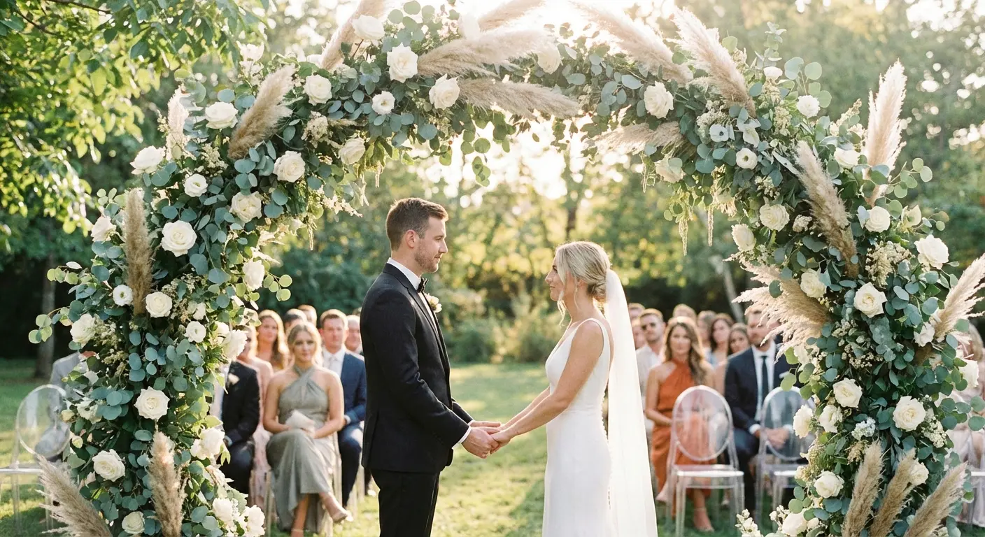 Couple laughing during a modern outdoor Christian wedding ceremony