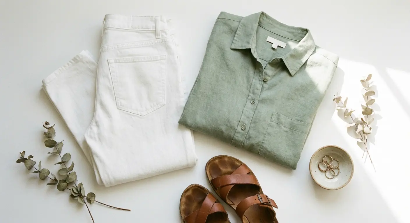 Sage green top paired with white denim