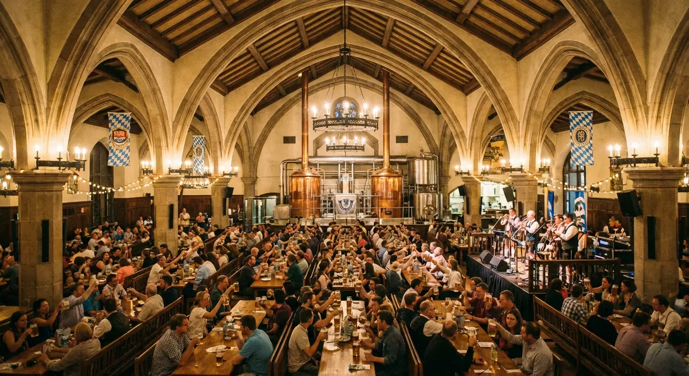 Inside the beer hall at Saint Arnold Brewing Company