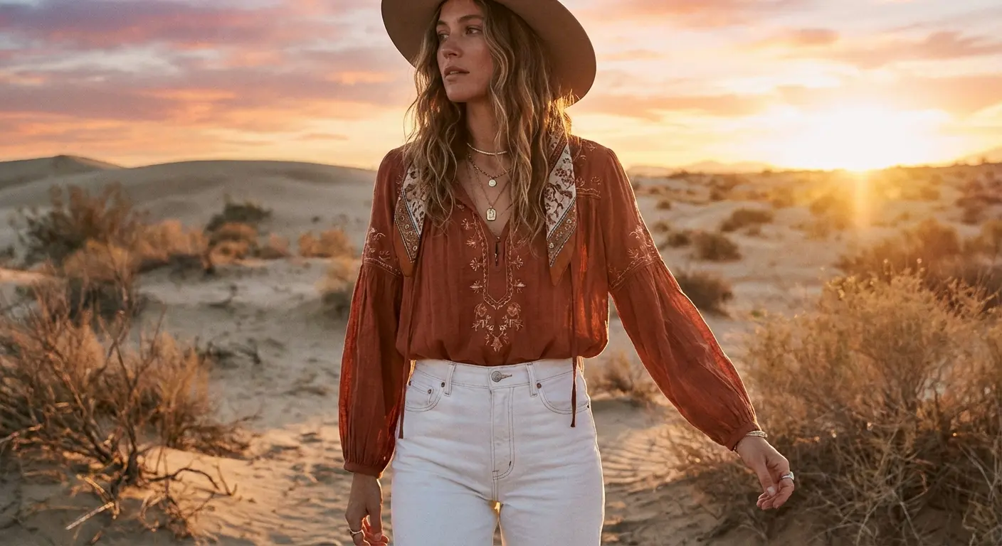 Terracotta rust top with white jeans