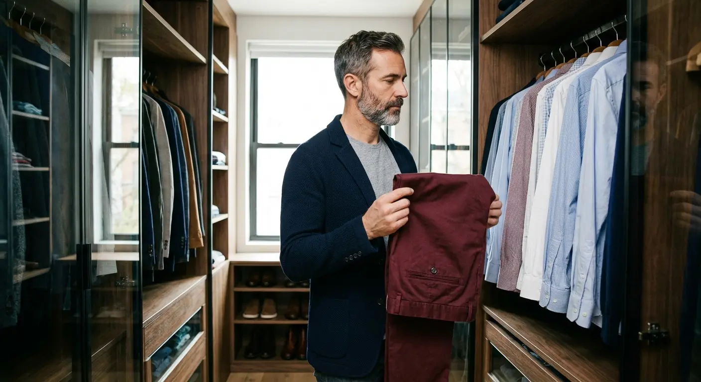 Man holding burgundy chinos in a closet
