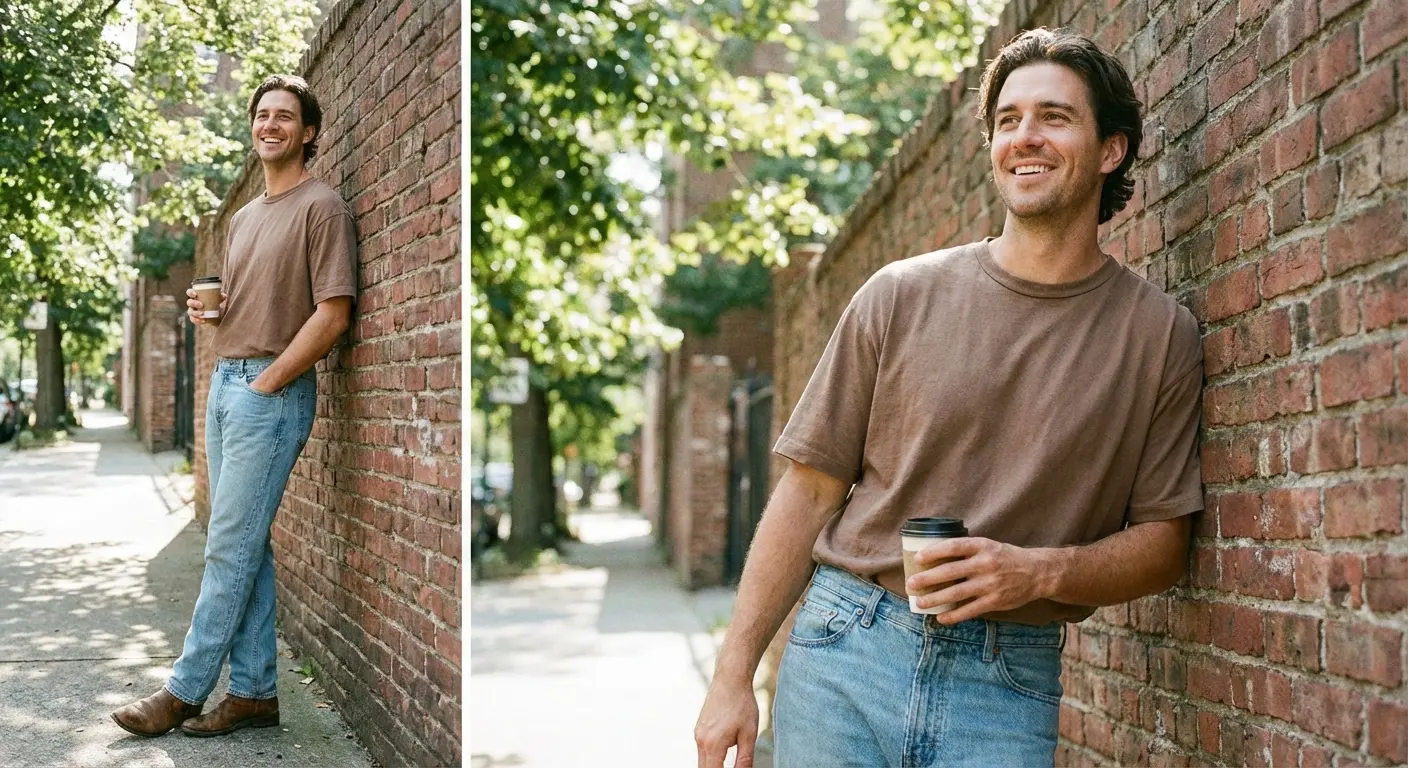 Light wash jeans with mocha t-shirt