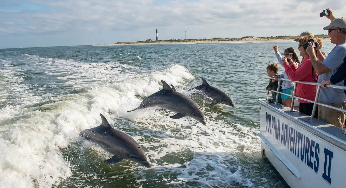 Dolphins jumping alongside a boat tour on Tybee Island