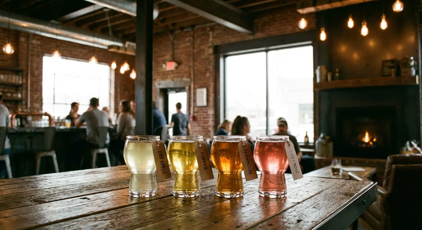 Flight of craft ciders on a tasting table in Montana