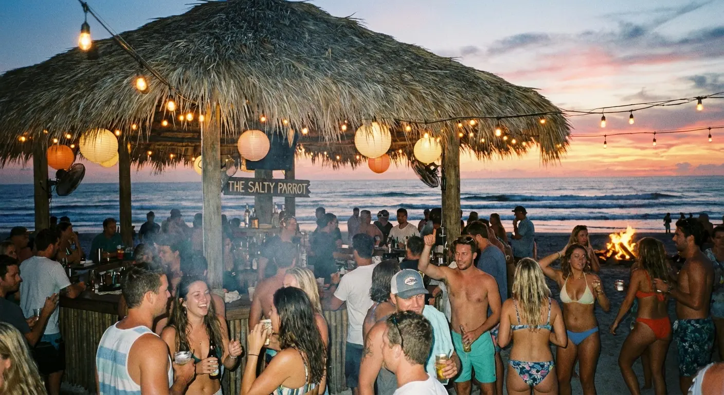 Crowd enjoying drinks and live music at The Tiki Hut beach bar