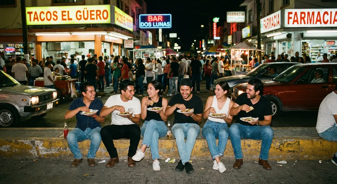 Group of friends celebrating a bachelor party in Mexico eating tacos