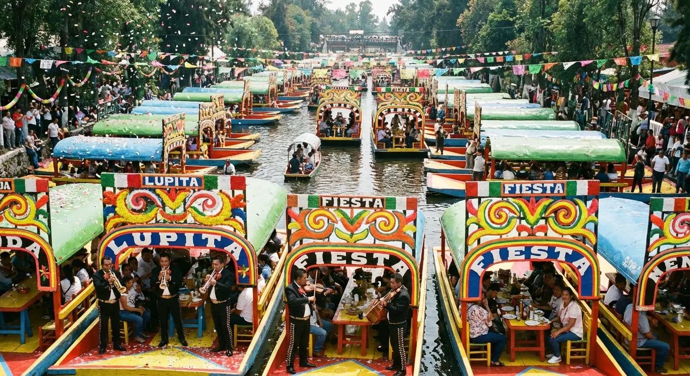 Colorful trajinera boats at Xochimilco Floating Gardens