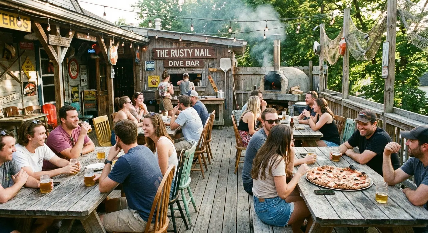 Outdoor deck at Huc-A-Poos showing a casual bachelorette group