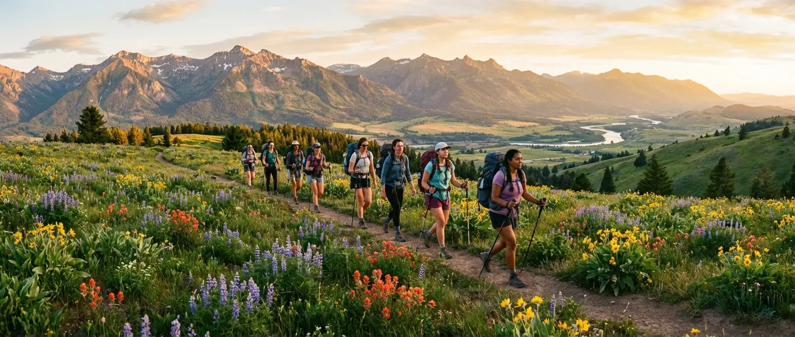 Group of women celebrating a Montana bachelorette party with mountains in the background
