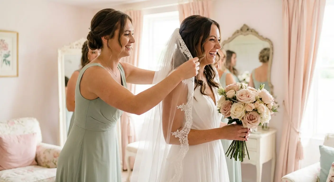 Stressed bride looking at wedding planning documents needing help