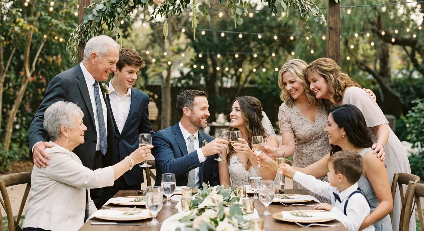 Wedding guests seated at table interacting