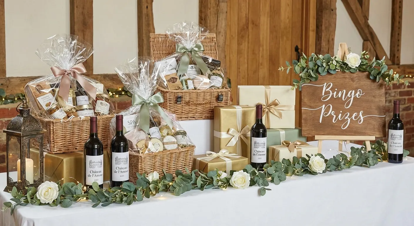 Wedding bingo prizes on a display table