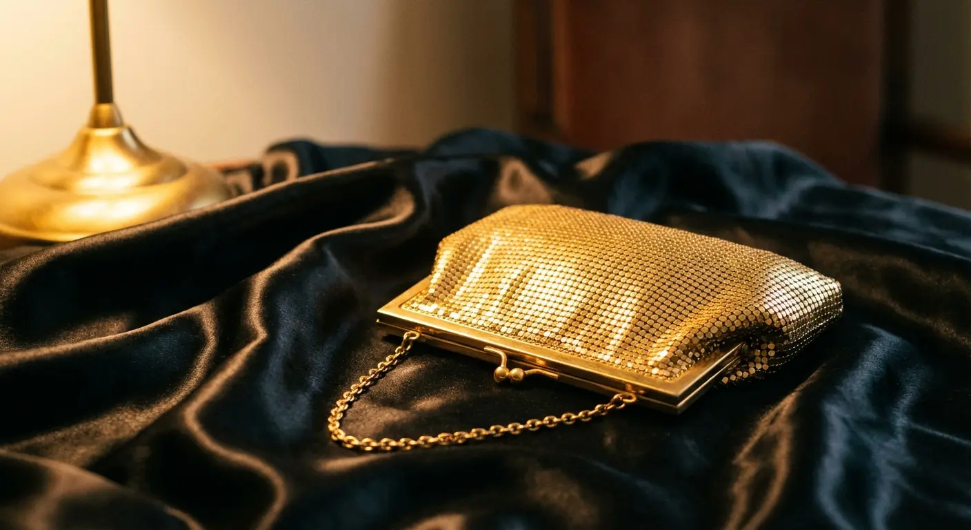 Gold metallic clutch bag styled with black evening wear
