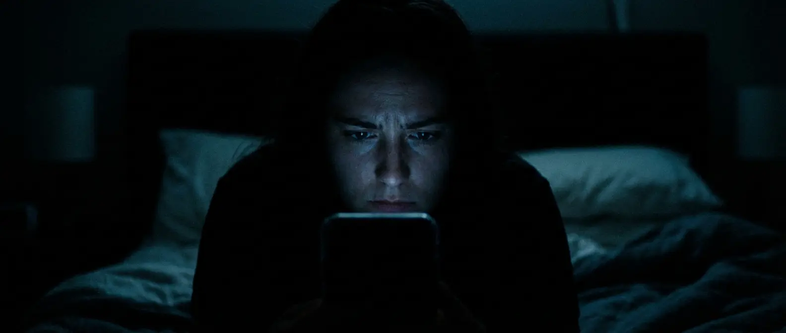 A face illuminated by phone light.