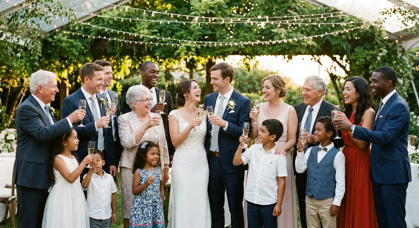 Blended family celebrating at a wedding