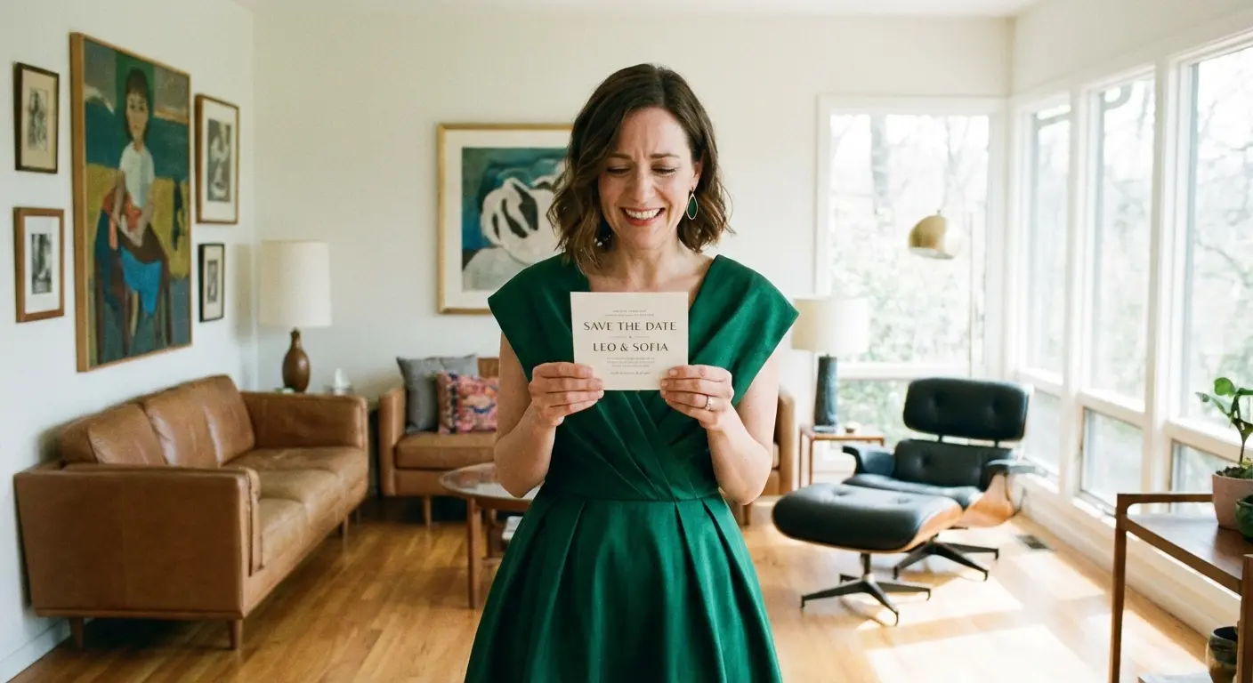 Woman stressing over wedding invitation on fridge