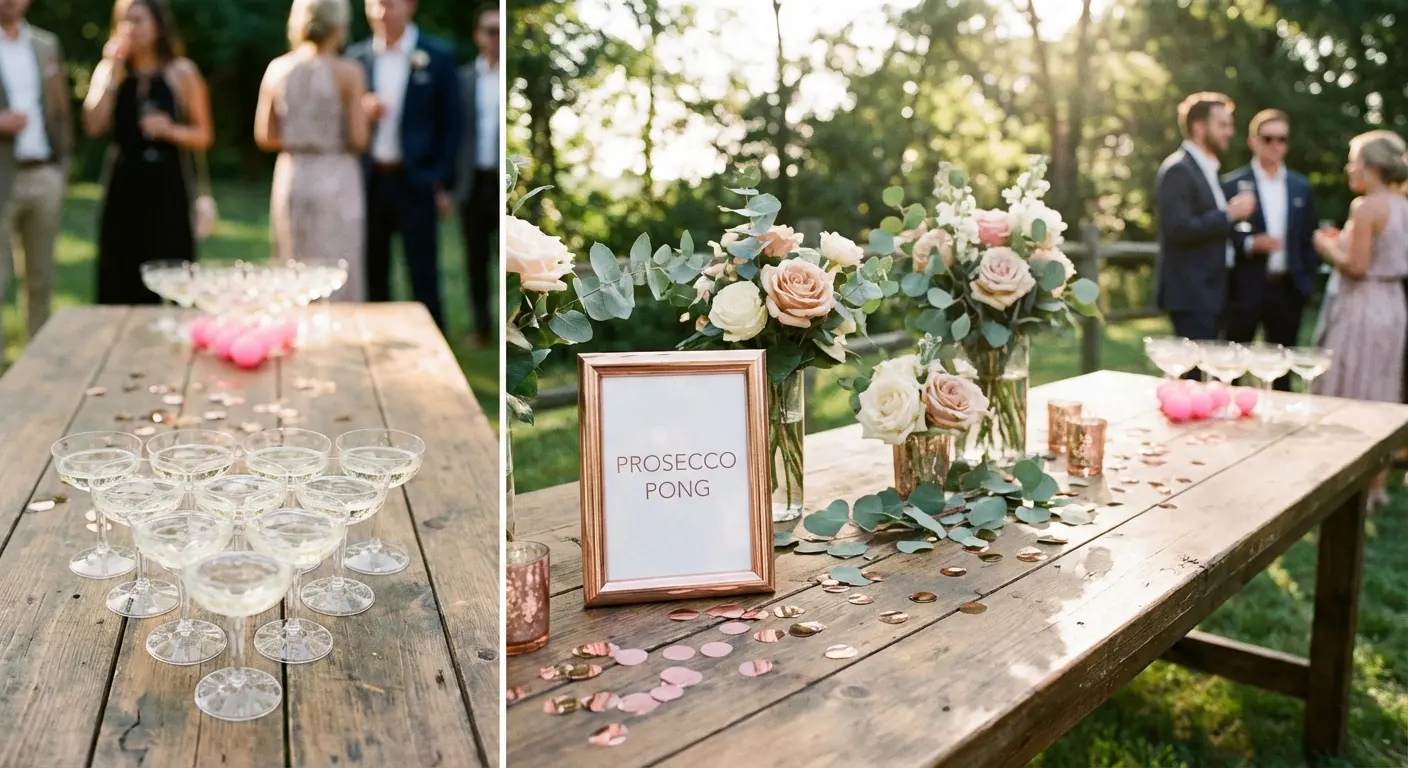 Prosecco Pong setup with champagne glasses